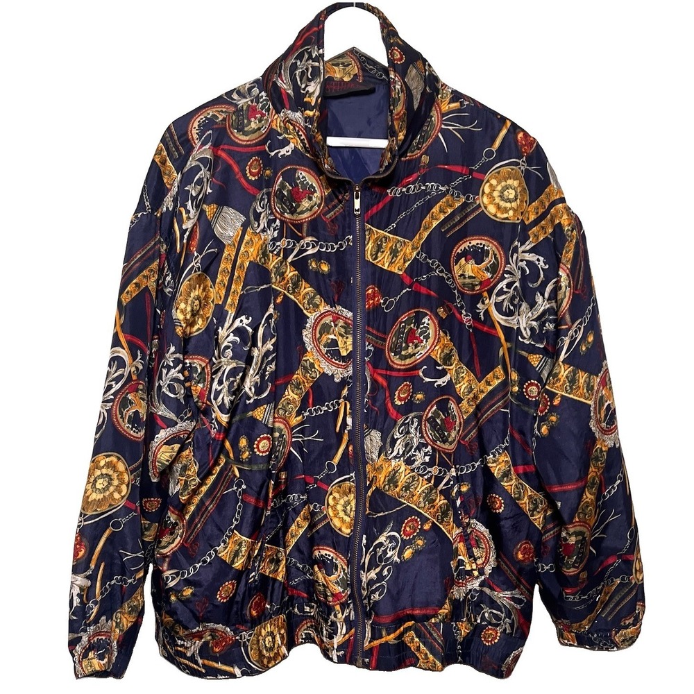 Sportif Women Vtg 90s Silk Baroque Golf Theme Bomber Jacket XL Maximalist Pocket